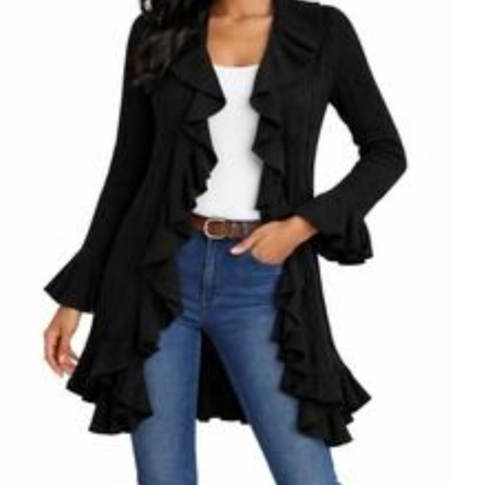Lilly Pultizer Black Ruffle Cashmere Cardigan Sweater